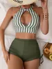 Swimwwear pour femmes Sexy High Neck Hollow Out Bikini Set Femmes Green Striped Push Up Trawstring Wistring Switsuit 2024 Place Bathing Issu de plage