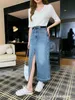 Signe Designer Brand B Brand P Family Belt Triangle Trendy Split Denim Midi Long Skirt con design non grasso per patchwork per donne ad alta vita casual M3VD