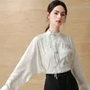 Bloups feminina Estética Oriental Mulheres Refinamento QIPAO Camisa brilhante Padrão floral escuro de seda Jacquard Tops Upper Duns Han Style