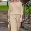 Pantaloni da due pezzi da donna 2024 cotone estivo e set di fibre sciolte di colore a V casual elegante