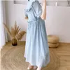 French Lacing Peter Pan Collar Maternity Dresses Pregnancy Summer Clothes For Pregnant Women Solid Slim Elegant Long Vestidos 240326