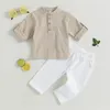 Ensembles de vêtements pour enfants garçons tenues d'été boutons de couleur unie des chemises à manches courtes et pantalons longs de taille élastique 2pcs ensembles de vêtements