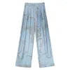 Pantalones para mujeres Mujeres 2024 Summer azul Drapea alta cintura Satin Capacería de graffiti de graffiti de pierna ancha Tantios estampados de seda