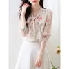 Women's Blouses 2024 Rose Flower Stijlvolle chiffon blouse voor vrouwen lange mouw Franse kantoor dames button up shirt lente herfst kleding