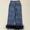 Feather Women Jeans Luxury Designer Blue Denim Pants Casual Daily INS Fashion Street Style Jean Trousers