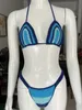 Handgjorda virkningar Sexig Brasilien Micro Bikini Set Boho Blue Stripe Baddräkter Fashion Cotton Beachwear Baddräkt för kvinnliga gåvor 240322