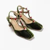 Scarpe eleganti vintage fiori di vite da donna quadrata a cnocchia di velluto verde bassa tacchi a bassa serata da sera 6 cm