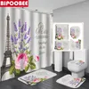 Rideaux de douche roses lavande eiffel tour ensemble de salle de bain imperméable rideau de tissu 3D tapis de couvercle de toilette de toilette