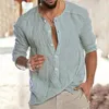 Мужские повседневные рубашки мужчины замыкание пуговицы Винтажная рубашка с твердым цветом с круглыми рукавами с длинными рукавами дышащие тонкие длина средней длины для весны
