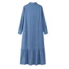 Casual Dresses Single-breasted Dress Lapel Long Sleeve Elegant Denim Maxi With Ruffle Patchwork Flowy Hem Women's For Travel