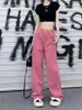 Frauen Jeans Frühling Sommer langes Bein Hosen Frauen hoher Taille koreanischer Stil Lose Plissee Ladies Hosen lässige Modis Frau Pink Hosen