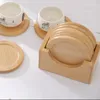 Bordmattor 20 uppsättningar/Lot Natural Wood Beech Coasters Set Pack of 6 Cup och 1 Holer Heat Isolation Desktop Pads