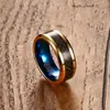 Tungsten Carbide Jewlery Men's Mouding Band Engagement Anneau IP Gold Blue plaqué avec une fibre de carbone noire Inalyt 8 mm