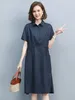 Party Dresses Summer Vintage for Women 2024 Casual Loose Cotton Polo Collar Short Sleeve Office Lady Pleated Vestidos