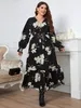 Plus size zomer vrouwen jurk wraped v nek swing jurken taille riem bloemen pring robe ruche zoom lange mouwen vrouwelijke zonsondergang 240326