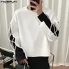 Inderun Tops w stylu koreański czarny biały kontrast kolor koronki T-shirty swobodne streetwear luźne O-Neck Camiseta S-5xl240402