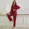 Hemkläder Kvinnor Pyjamas Set 2024 Red Black Plaid långa ärmar Toppar med byxor damer hemkläder kostym vårens nattkläder