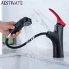 Bathroom Sink Faucets Black Red Basin Faucet Pull Out Brass Mixer Tap & Cold Water Dual Modes Nozzle Chrome