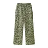 Calça feminina feminina casual de cintura alta 2024 calças vintage de leopardo verde primavera feminina reta Long Long