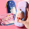 Fall Kawaii Stationery Unplapped Pencil Cases Cute Bear Duckl Girls Decompression Pencil Pouch Storage Pen Box School Supplies