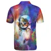 Astronaut Kitten Print Casual Versatile Men's Polo Shirt Button Up Pullover Top Trendy Sports Comfortable Top