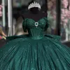Glitter verde scuro Principessa Quinceanera Abiti Abito da ballo fuori spalla Passa glitter Diamond Vestitido De Quinceanera Corpo Sweet 15 Masquerade Dress