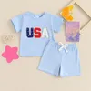 Kledingsets Baby Boy 4 juli Outfits Outfits Korte mouw Letter Borduurwerk T -shirt Tops Shorts Set Boys Summer Onafhankelijkheidsdag Kleding