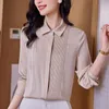 Kvinnor Bluses Office Lady Basic Shirt Real Silk Blue Spring Summer Elegant Fashion Shirts For Women Long Sleeve Woman Tops