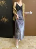 Sıradan elbiseler Çin mürekkebi leke vintage sling elbise kadınlar kontrast renk patchwork v yakalı kolsuz tank bornoz 202 yaz vestidos