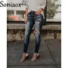 Jeans femininos Mulheres Autumn vintage rasgou uma perna pequena calça lápis de faixa intermediária calça de algodão lavável Denim