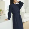 Home Clothing Women Cotton Waffle Robe Nightwear Long Sleeve Bathrobes Lace Up Sleepwear Clothes Solid Color Casual Nightie With Pockect