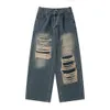 Перфорированные залаченные джинсы для мужских нищих хип-хоп, персонализированные свободные широкие штаны с прямыми ногами, американская тенденция повседневных брюк