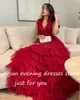 파티 드레스 Xijun Red Tiered Ruffles Tulle Evening V-Neck Sleeveless Pleat Ruched Saudi Arabic A-Line From Gown 공식 드레스