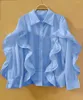 Blouses Women Office Lady Lady Autumn Collar Turn-Down Ruffles Blue camisas de primavera de manga comprida Branco preto solto top solto