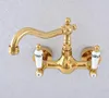 Bathroom Sink Faucets Luxury Polished Gold Brass Double Ceramics Handles Swivel Spout Kitchen Vessel Tap Faucet Wall Mounted Wsf609