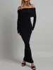 Wiosenna jesień Solidna czarna sukienka Elegancka swobodna moda Bodycon Slim Off ramię Maxi Long 2023 240402