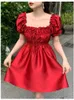 Party Dresses HEYDRESS 2024 Satin Solid Puff Sleeve Women Princess Dress Lady Square Collar A-line Mini Red Blue Birthday