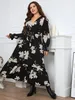 Plus size zomer vrouwen jurk wraped v nek swing jurken taille riem bloemen pring robe ruche zoom lange mouwen vrouwelijke zonsondergang 240326