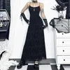 Casual Dresses Goth Dark Cross Flocking Mall Gothic Aesthetic Grunge Punk Mesh Elegant Party Long Dress Sling Slim Sexy Emo Alt Outfits