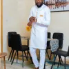 Vita bröllopsmän sätter Kaunda Suits Solid Long Sleeve Tops Tuxedo Pants African Ethnic Casual Traditionella kläder 2st Suit Wear 240401