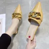 Slippers Metal Chain Female Sandalias Women's Mules Shoes Pointed Toe Low Heel Summer Woman Closed Casual