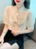 At yüzü etek kısa kollu bluz Çin tarzı toka zarif nakış boncuklu yaz üstü eşleşen kadın bluzları