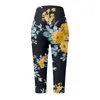 Kvinnors byxor blommor kvinnor hög midja fasta fickor elastiska bälte mitten av lång längd byxor kvinna kläder breda ben tröjor