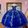 2023 화려한 왕실 블루 퀸 네라 드레스 구슬로 장식 된 꽃 3d Flora Flora Flora Puffy Ball Gown 저녁 무차