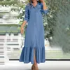 Casual Dresses Single-breasted Dress Lapel Long Sleeve Elegant Denim Maxi With Ruffle Patchwork Flowy Hem Women's For Travel