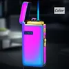 Metal Outdoor Windproof Dual Arc Plasma USB Lighter Blue Flame Turbo Torch Butane Without Gas Cigar Lighter Battery Display Men's Gadget