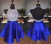 Royal Blue Satin Backless Homecoming Dresses Jewel Halter Sequins Crystal Backless Short Prom Dresses Sparkly Red Party Dresses4004370