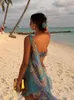 Fashion Print Twopiece Womens Swimwear Lady Chic See Through Mesh Sleeveless Coverups 2024 Sexy Holiday Beach Bikinis Dress 240327