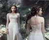 Fantazyjne klejnot białe szyfonowe sukienki ślubne z długim rękawem Sheer Szyjka nogi Slit Stunka ślubna otwarta z tyłu koronkowa wiejska kraj tanio boh4888541