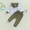 Ensembles de vêtements 2pcs Toddler Baby Boy Vêtements Plaid Imprimé à manches longues Sweet Sweat-shirt élastique Couleur solide Couleur de couleur